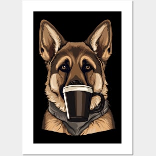 German Shepherd Drinking Coffee Posters and Art